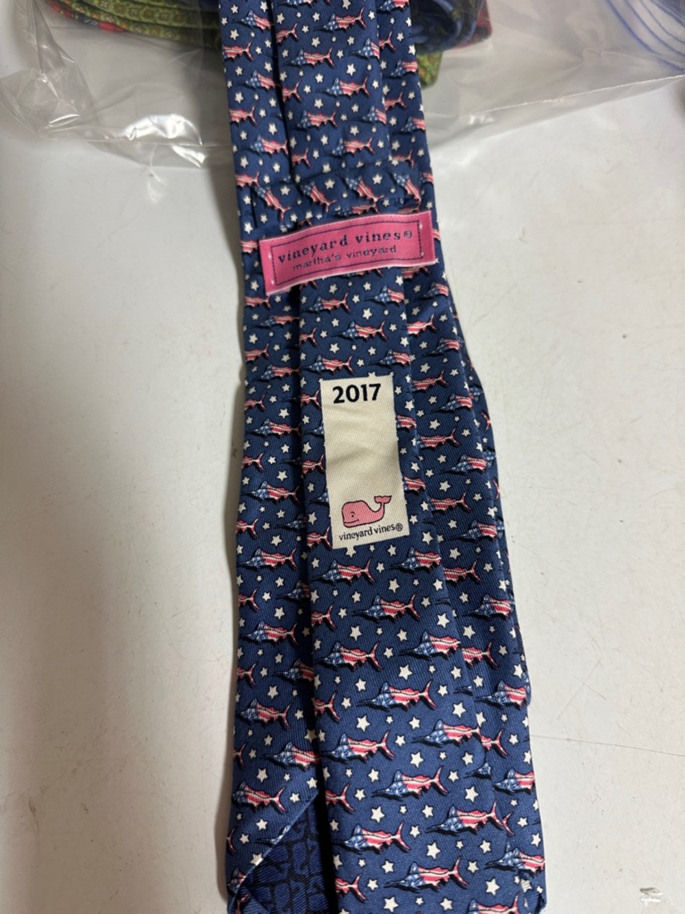 Vineyard Vines Navy Tie with Pink Whale and White Stars